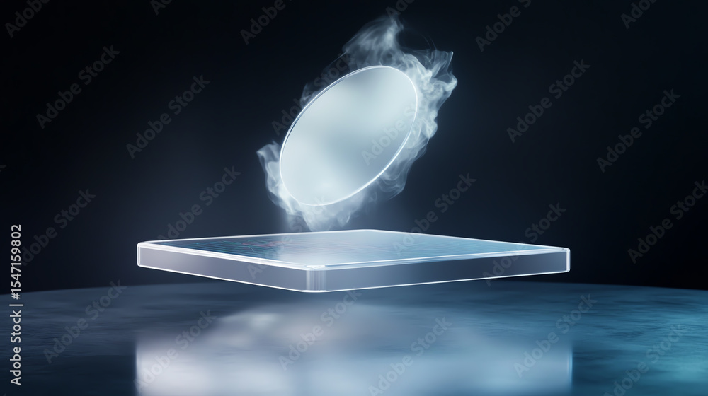 Aufkleber A futuristic floating orb suspended above a translucent platform, creating a mystic atmosphere with soft glowing effects.