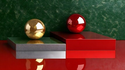 Gold sphere, Red sphere, Spheres, Gold and Red Spheres on Geometric Platforms