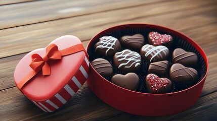 Chocolate, Chocolates, Heart, Heart-Shaped Chocolate Box on Wooden Table