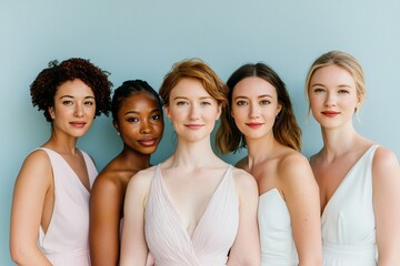 Diverse Group of Bridesmaids in Elegant Dresses Posing Against a Light Blue Background