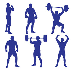 Body Building, Weight Lifting, Exercise, Gym Silhouettes. Weightlifting blue silhouettes isolated on white background. Vector illustrator