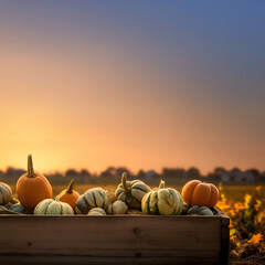 Gourds harvested in a wooden box with field and sunset in the background. Natural organic fruit abundance. Agriculture, healthy and natural food concept. Square composition.