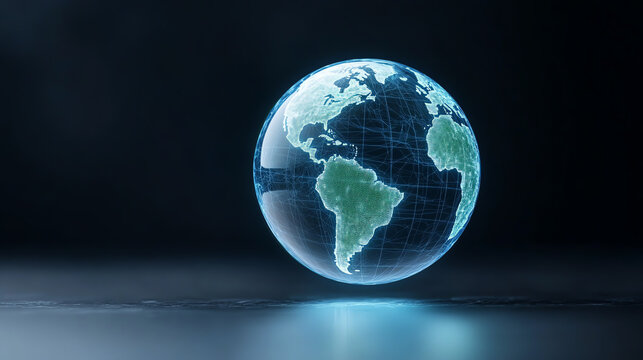 A holographic globe representation, showcasing the Earth digitally illuminated against a dark background, symbolizing innovation.