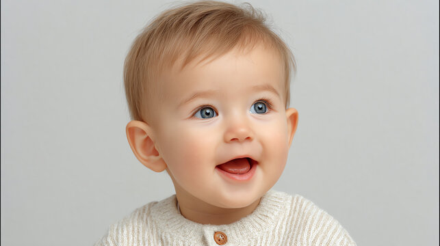 A joyful baby with bright blue eyes and a charming smile, dressed in a cozy cream sweater, radiating innocence and happiness.