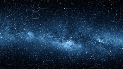 Detailed space background with hexagonal grid overlay.