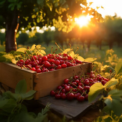 Sour cherries harvested in a wooden box in an orchard with sunset. Natural organic fruit abundance. Agriculture, healthy and natural food concept. Square composition.