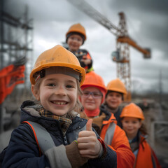 Group of children doing their dream job as Civil Engineers at the construction site with crane and building in the background. Concept of Creativity, Happiness, Dream come true and Teamwork.
