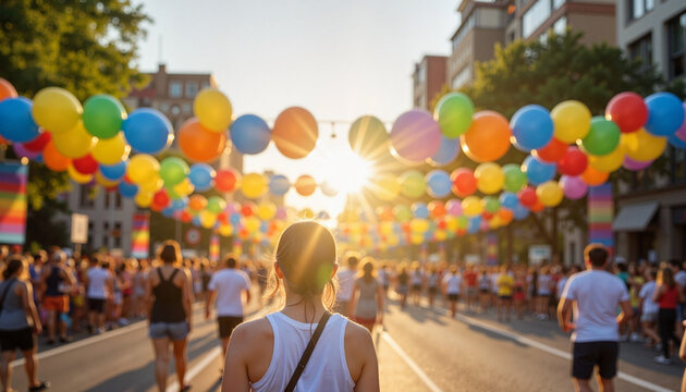 Joyful celebration at Pride parade with rainbow balloons, community unity