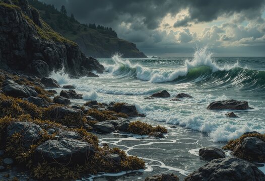 Tangled fishing lines washed ashore on a rocky beach with crashing waves