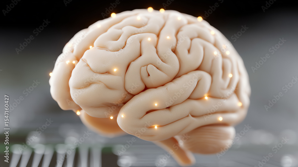 Poster a realistic depiction of a human brain on a digital circuit board, illustrating the connection betwe