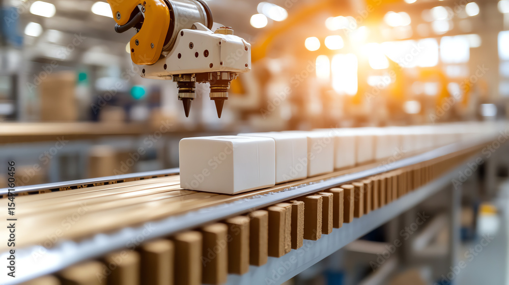 Aufkleber A robotic arm efficiently operating on an assembly line, showcasing advanced technology and automation in a modern factory setting.