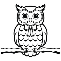 Fototapeta premium Cute Owl Coloring Page for Kids, Cartoon Owl Line Drawing Perched on Branch, Black and White Owl Illustration for Coloring Book.