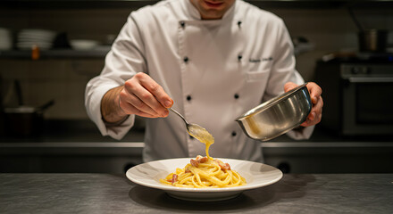 Chef's hands adding secret sauce to Italian pasta Carbonara– gourmet cooking in kitchen, authentic recipe preparation