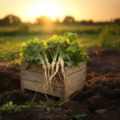 Parsley harvested in a wooden box with field and sunset in the background. Natural organic fruit abundance. Agriculture, healthy and natural food concept. Square composition.