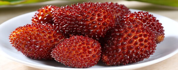 A close-up view shows cluster of ripe red lychees on a white plate, creating a visually stimulating experience
