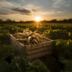 Parsnip root harvested in a wooden box with field and sunset in the background. Natural organic fruit abundance. Agriculture, healthy and natural food concept. Square composition.