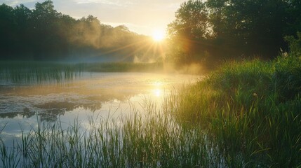 Sunrise over a tranquil lake with morning mist.