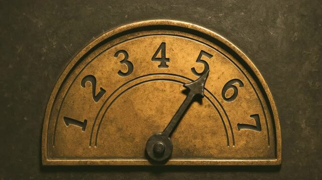 Vintage elevator dial showing five on brass background  