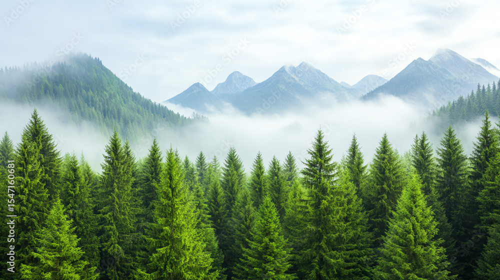 Poster a serene landscape featuring lush green coniferous trees surrounded by misty mountains under a cloud