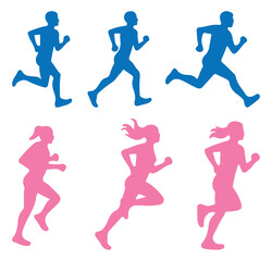 Runner silhouettes collections. Silhouette of man woman athletes running in motion, dynamic jogging sequence, fitness concept, human movement, marathon training symbol set in blue and pink color. 