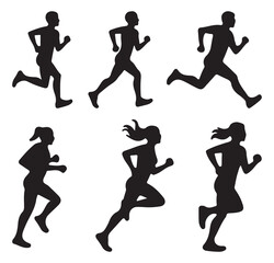 Run, set of running people. Runners silhouettes collection. Silhouette of athletes jogging sequence, fitness concept. 