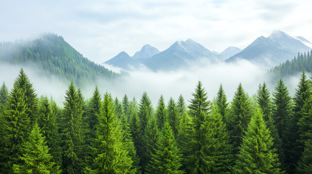 A serene landscape featuring lush green coniferous trees surrounded by misty mountains under a cloudy sky.