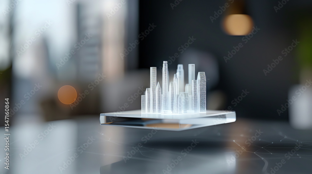 Poster a sleek, modern architectural model displays urban elements, emphasizing innovation and design in co