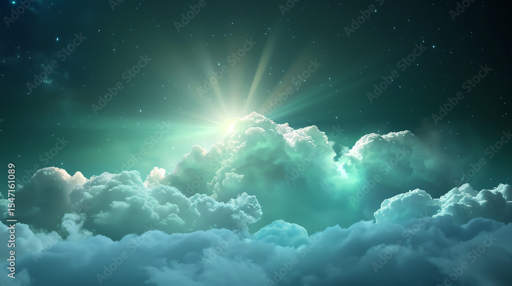 Poster A stunning display of sunlight breaking through the clouds, illuminating the sky with ethereal colors and creating a serene atmosphere.
