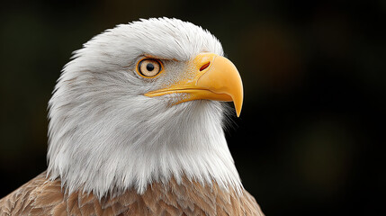 Obraz premium A stunning close-up of a majestic eagle, showcasing its sharp features and intense gaze against a dark backdrop.