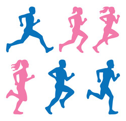 Runner silhouettes collections. Silhouette of man woman athletes running in motion, dynamic jogging sequence, fitness concept, human movement, marathon training symbol set in blue and pink color. 