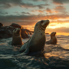 Sea lion family in the ocean water with setting sun shining. Group of wild animals in nature.