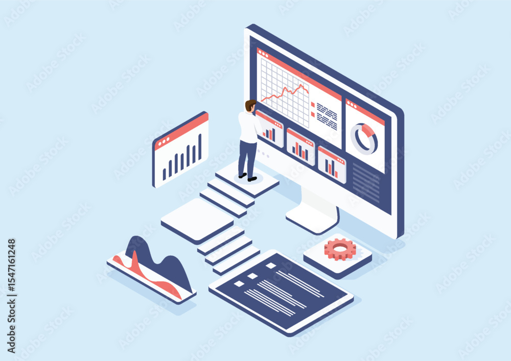 Poster isometric of a person interacting with a large digital screen displaying graphs, pie charts, and sta