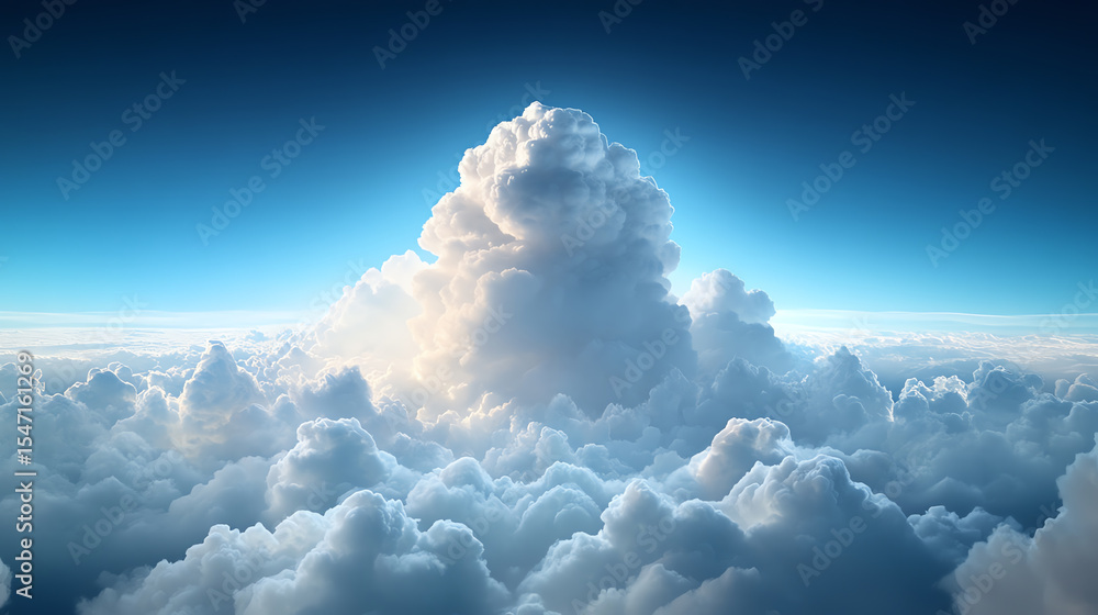Poster A stunning view of fluffy clouds illuminated by the soft glow of sunlight, creating a serene and tranquil atmosphere in the sky.