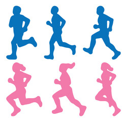 Runner silhouettes collections. Silhouette of man woman athletes running in motion, dynamic jogging sequence, fitness concept, human movement, marathon training symbol set in blue and pink color. 