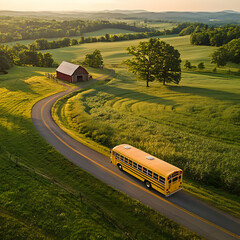 Aerial view of a classic yellow school bus traveling on a country road near a rustic red barn, surrounded by open fields in warm summer light, nostalgic rural transportation concept.