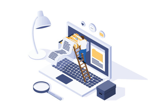 Isometric vector image showing a man using a ladder to browse digital folders and files on a large laptop screen, symbolizing data search and management.