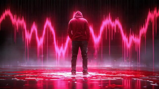 A person in a red hoodie stands on the stock market floor, bathed in the eerie red glow of crashing graphs on the screen