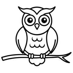 Fototapeta premium Cute Owl Coloring Page for Kids, Cartoon Owl Line Drawing Perched on Branch, Black and White Owl Illustration for Coloring Book.