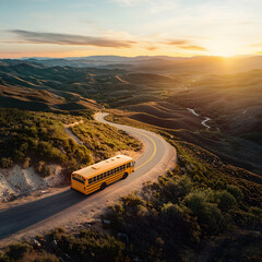 Aerial view of a yellow school bus winding through scenic mountain roads at sunset. Rolling hills glow under golden light, evoking adventure, nostalgia, and the freedom of the open road.