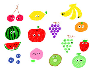 手描きイラストセット　フルーツ　ギョロ目　色えんぴつ