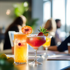 Vibrant summer cocktails garnished with tropical fruits on a table in a business room, with blurred coworkers brainstorming and planning in the background, blending refreshment and professionalism.