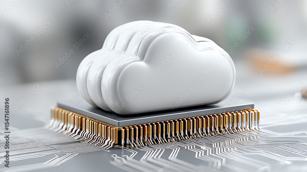 Aufkleber A white cloud symbol on a microchip, representing cloud computing solutions and advanced technology concepts.