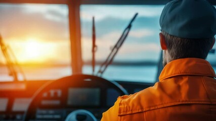 Design a mechatronic system for adaptive cruise control in maritime vessels, A person in an orange uniform steering a boat, focused on the horizon during sunset.