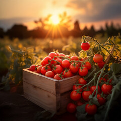 Cherry tomatoes harvested in a wooden box with field and sunset in the background. Natural organic fruit abundance. Agriculture, healthy and natural food concept. Square composition.