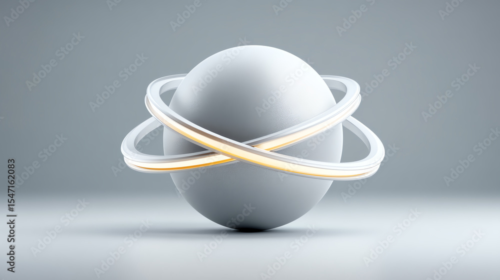 Poster abstract representation of technology with a glowing sphere encircled by neon rings, symbolizing inn
