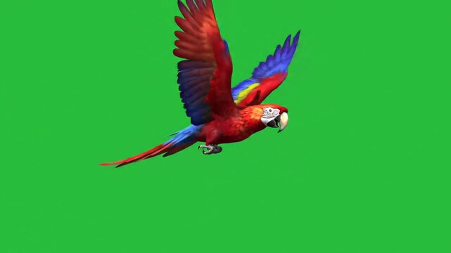 Animated Scarlet Macaw in Flight Against Green Screen