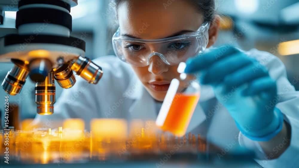 Aufkleber a scientist in safety goggles examines samples under a microscope in a laboratory setting, focusing 