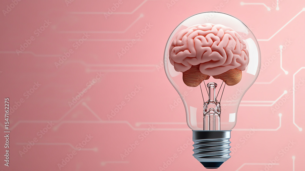 Poster an innovative concept image featuring a brain inside a light bulb, symbolizing creativity and intell