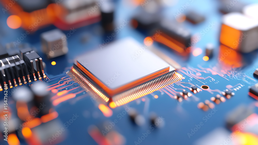 Poster Close-up of a circuit board featuring intricate details and glowing components, emblematic of modern electronics and innovation.