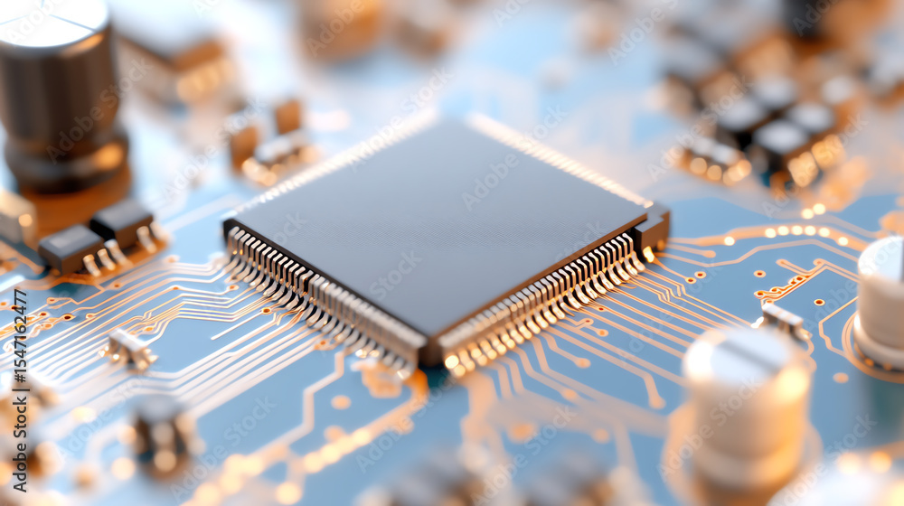 Poster close-up of a microchip on a circuit board, showcasing intricate electronic components and connectio